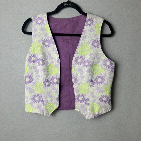 Handmade Jackets & Blazers - Vintage Handmade Purple Green Floral Vest Artsy Retro 70's Hippie Festival Small
